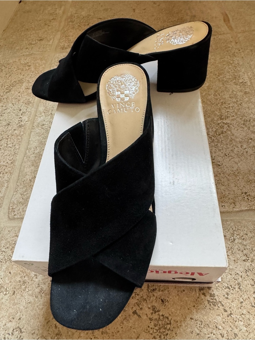 Vince Camuto Black Suede Crisscross Block Heel Mules